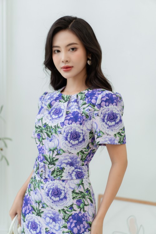 Sixdo Purple Peony Puff-sleeves Midi Raw Dress